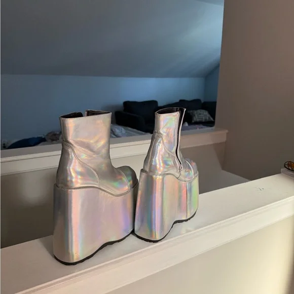 Demonia Silver Holographic Platform Boots - Picture 2 of 6
